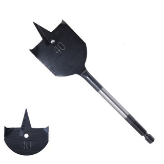 Black Oxided Quick Change Hex Shank Tri-Point Flat Wood Spade Drill Bit with Contoured Spurs